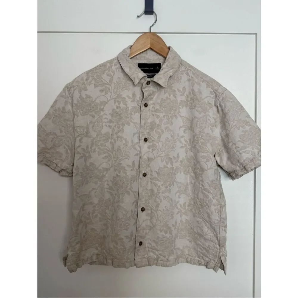 Abercrombie & Fitch Cropped Shirt Men Sz L Ivory Short Sleeve Linen Blend Resort